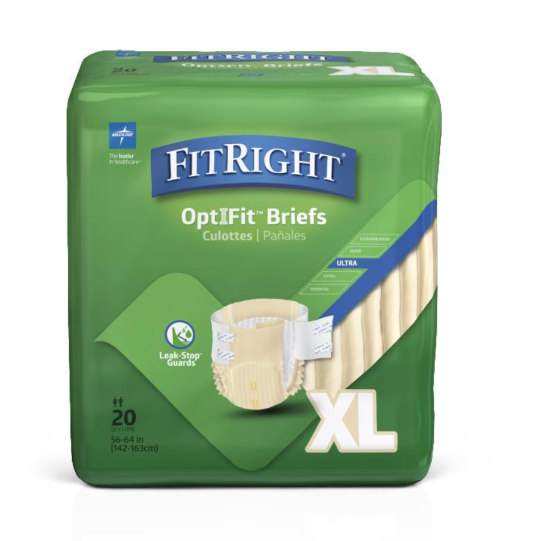 A pack of 20 FitRight Unisex Ultra Incontinence Briefs, size XL (56-64 inches), offers maximum absorbency with 4D Core technology and Leak-Stop Guards, showcased in green packaging. Labeled the leader in healthcare.